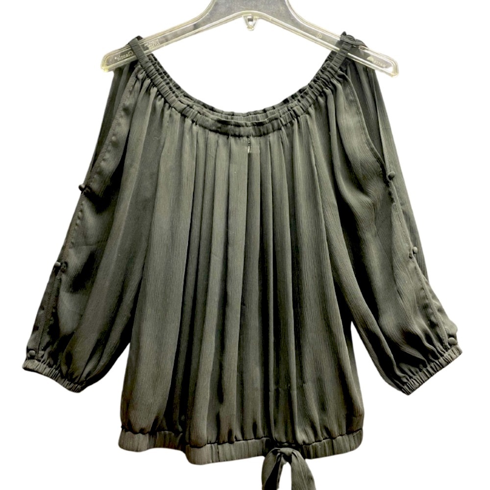 Cache Black Sheer Cold Shoulder Bow Hem Blouse Sz XS